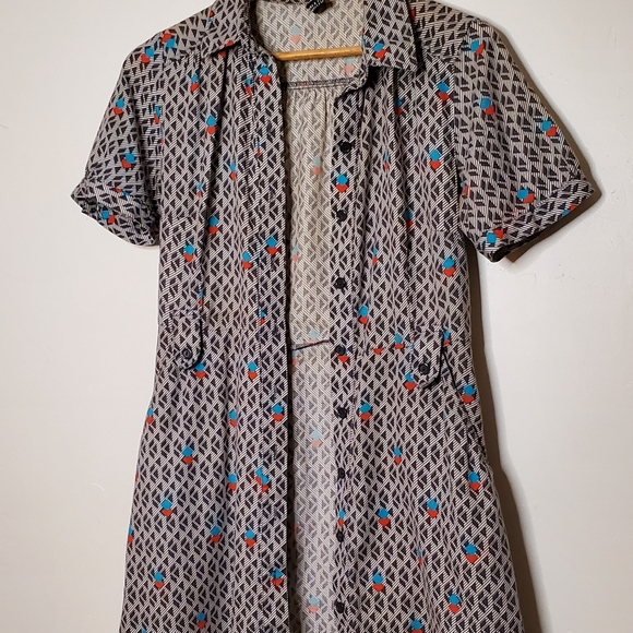 Memphis-Style Printed Vintage 80s Look Patterned Button-Up Shirt Dress - Picture 7 of 14